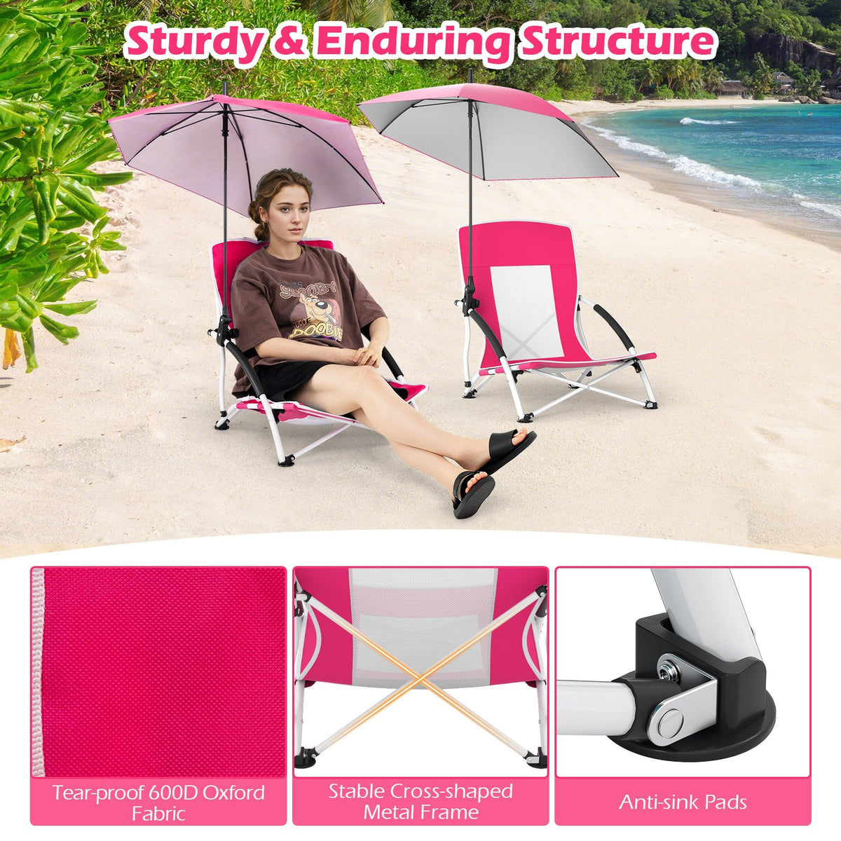 2 Pack Beach Umbrella Chair for Adults with Adjustable Parasol-Pink view 8