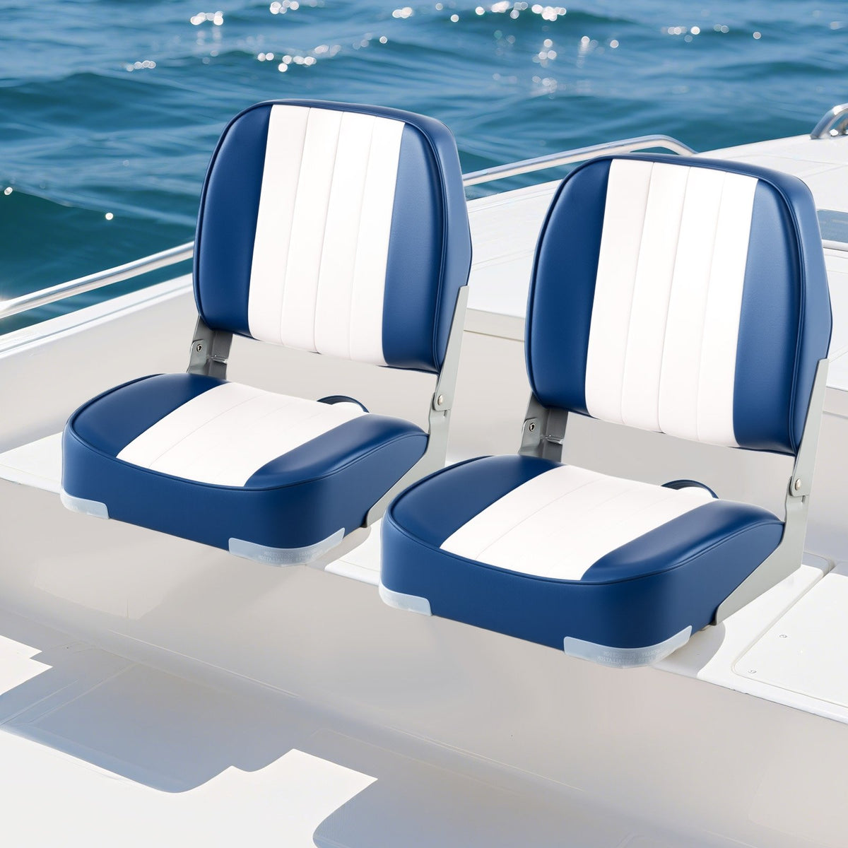 2-Pack Boat Seats Folding Low Back Boat Chairs Waterproof PVC Leather Cabin Seating-Blue view 2