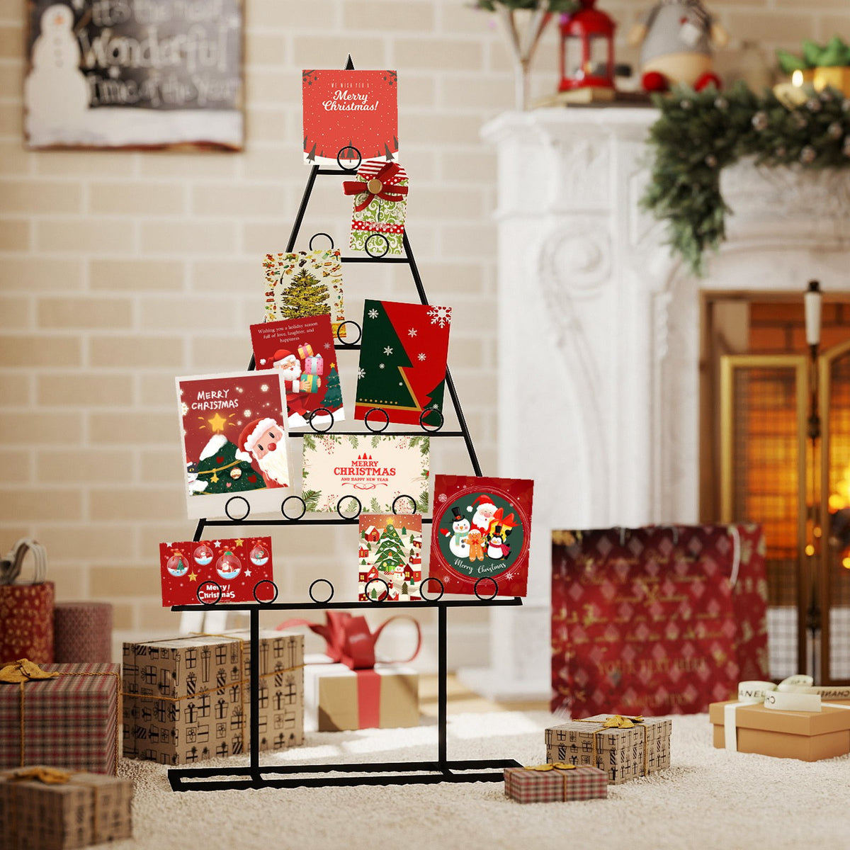 2 Pack Christmas Tree Photo Holder with 36 Round Clips and Metal Hanging Rack-Black view 2