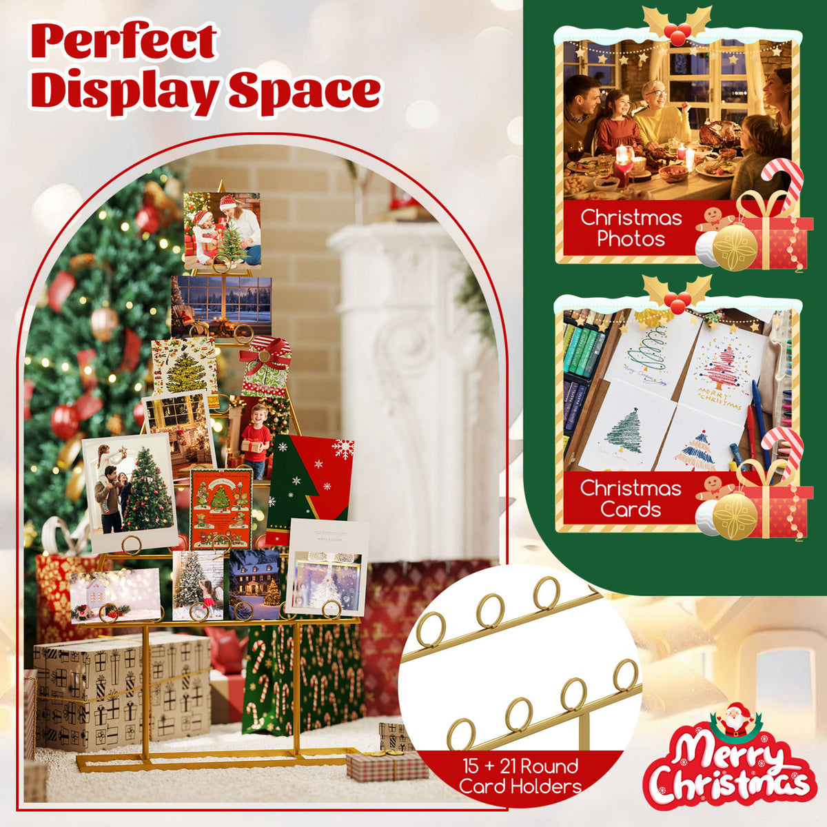 2 Pack Christmas Tree Photo Holder with 36 Round Clips and Metal Hanging Rack-Gloden view 9