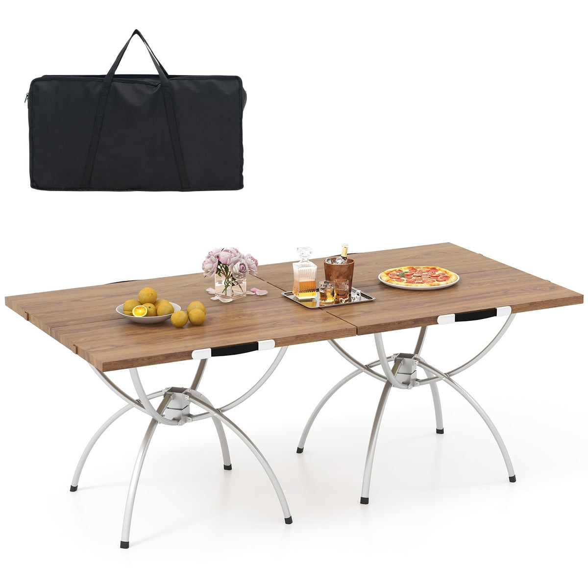 Patented 2 Pack Folding Camping Table with Wood-grain Tabletop for Hiking Party-Natural