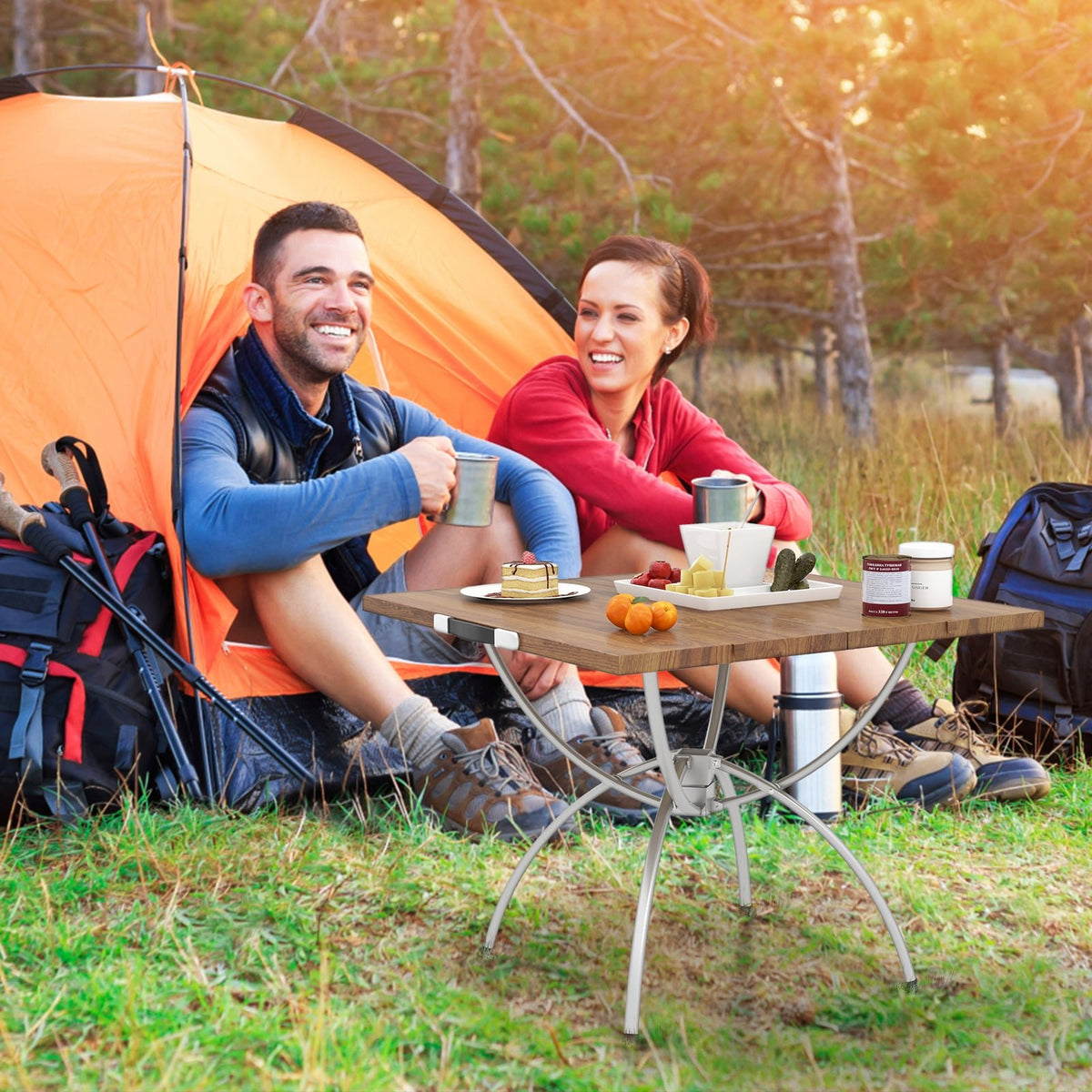 Patented 2 Pack Folding Camping Table with Wood-grain Tabletop for Hiking Party-Natural view 3