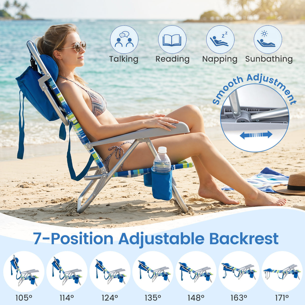 2 Pack Portable Folding Beach Chair with 7-Position Backrest-Blue view 5