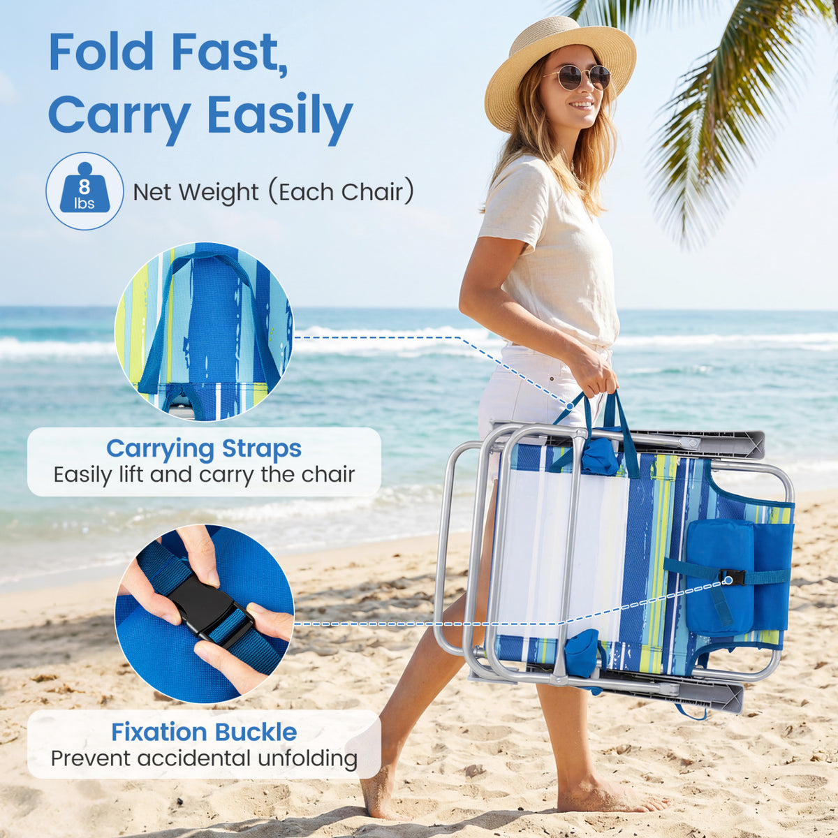2 Pack Portable Folding Beach Chair with 7-Position Backrest-Blue view 8