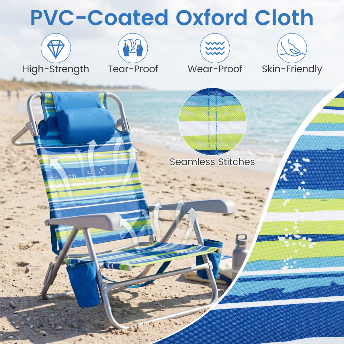 2 Pack Portable Folding Beach Chair with 7-Position Backrest-Blue view 9