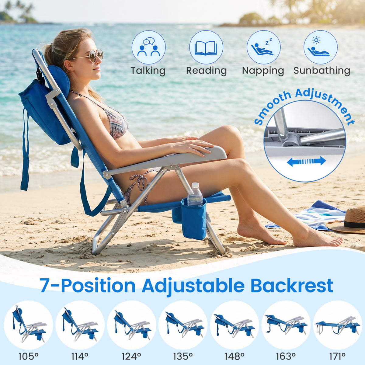 2 Pack Portable Folding Beach Chair with 7-Position Backrest-Navy view 5