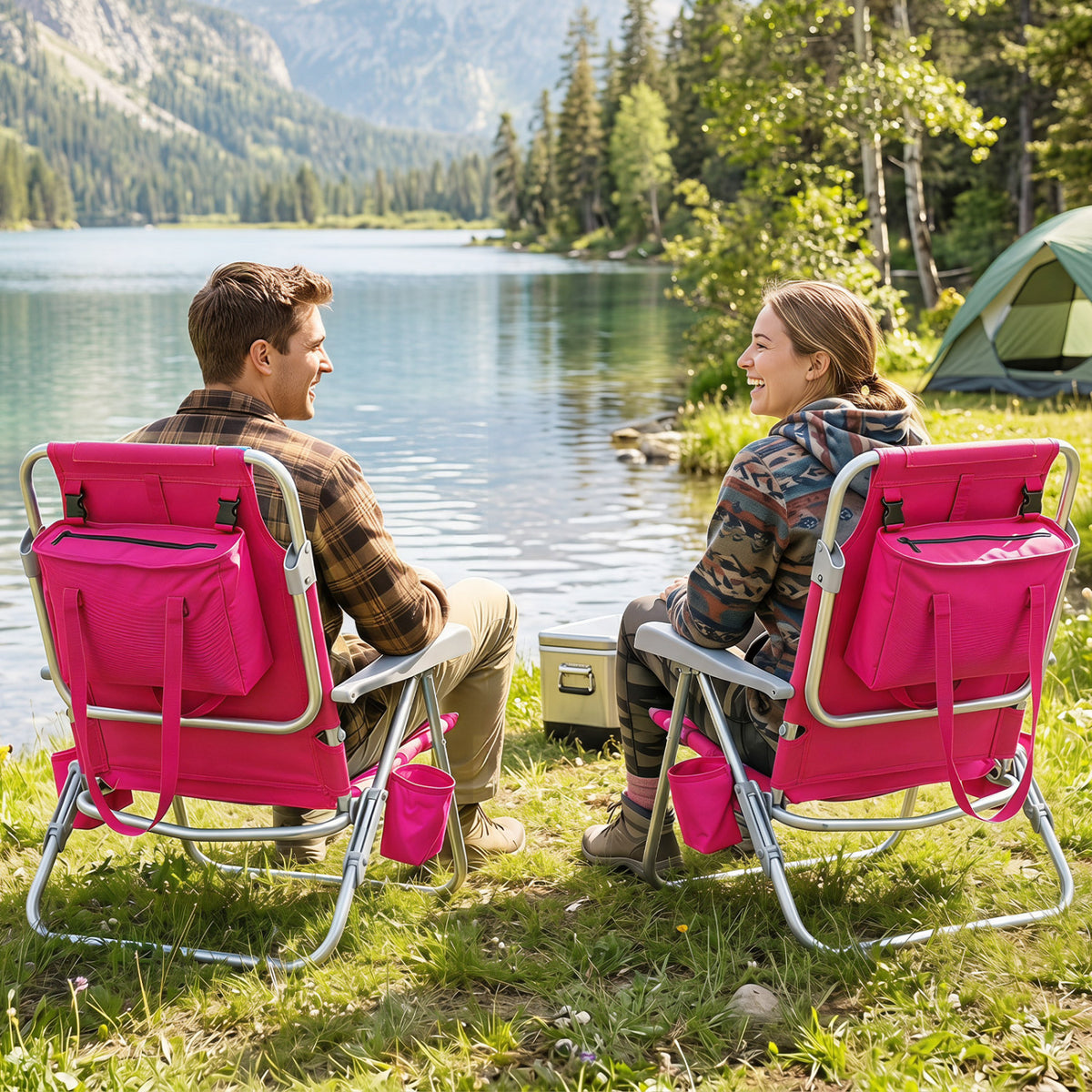 2 Pack Portable Folding Beach Chair with 7-Position Backrest-Pink view 3