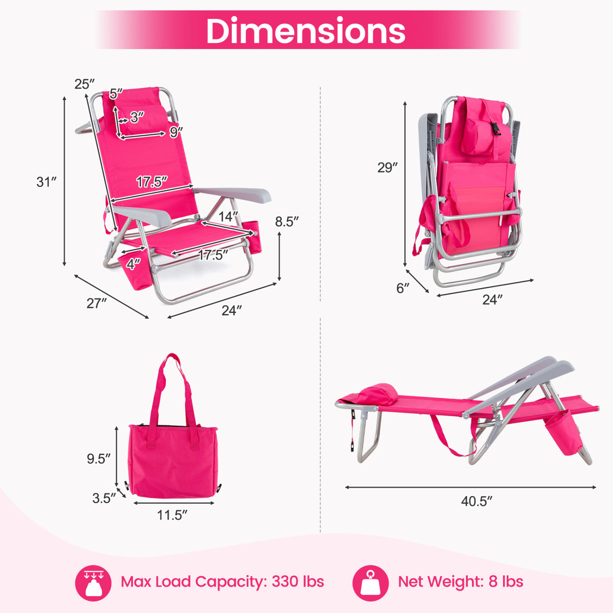 2 Pack Portable Folding Beach Chair with 7-Position Backrest-Pink view 4