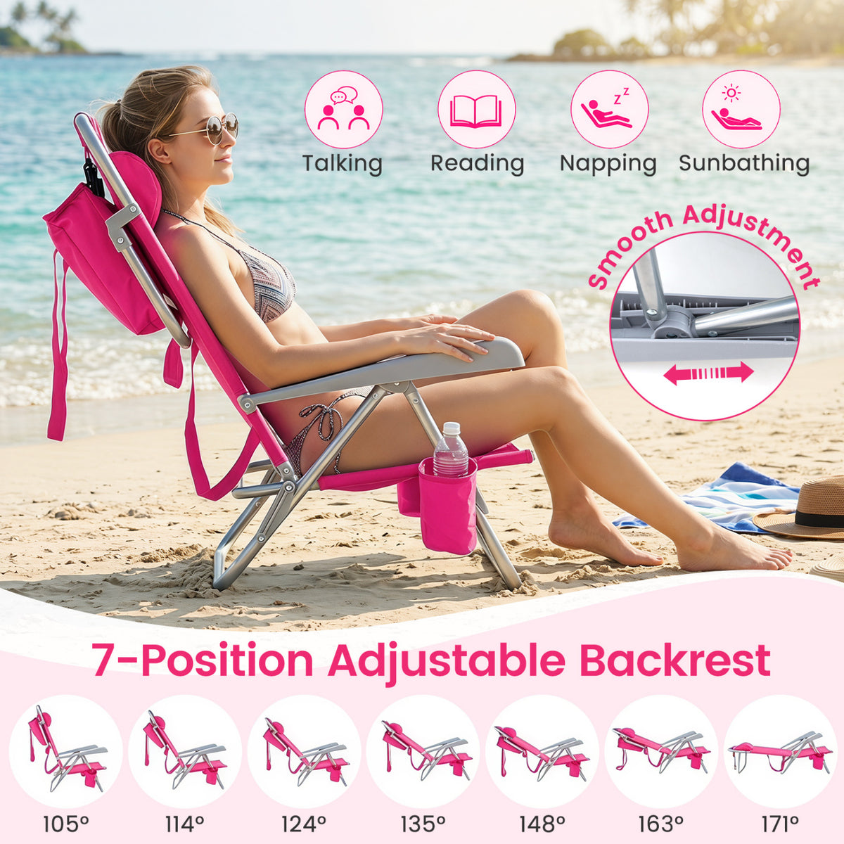 2 Pack Portable Folding Beach Chair with 7-Position Backrest-Pink view 5