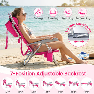 2 Pack Portable Folding Beach Chair with 7-Position Backrest-Pink view 5