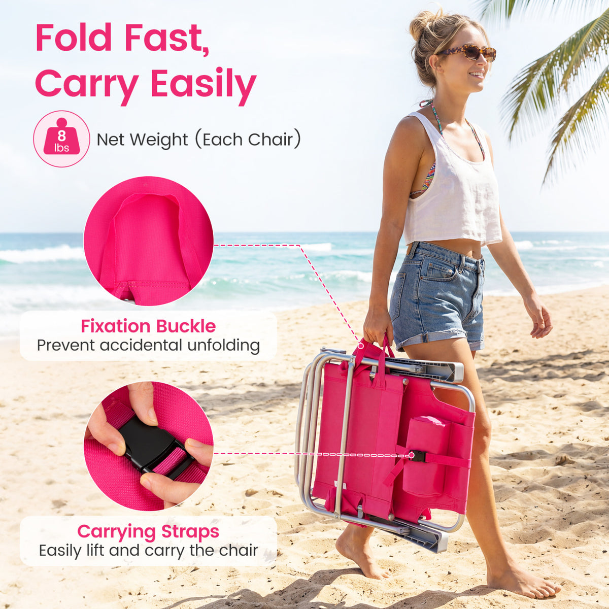 2 Pack Portable Folding Beach Chair with 7-Position Backrest-Pink view 8
