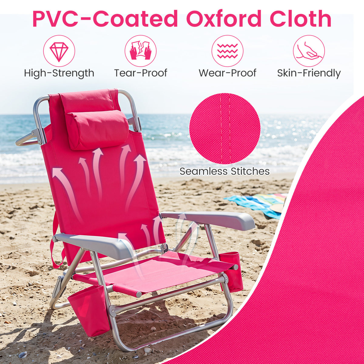 2 Pack Portable Folding Beach Chair with 7-Position Backrest-Pink view 9