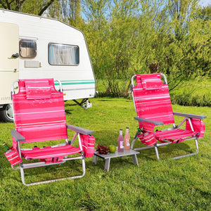 2 Packs 5-Position Outdoor Folding Backpack Beach Table Chair Reclining Chair Set-Hot Pink view 3