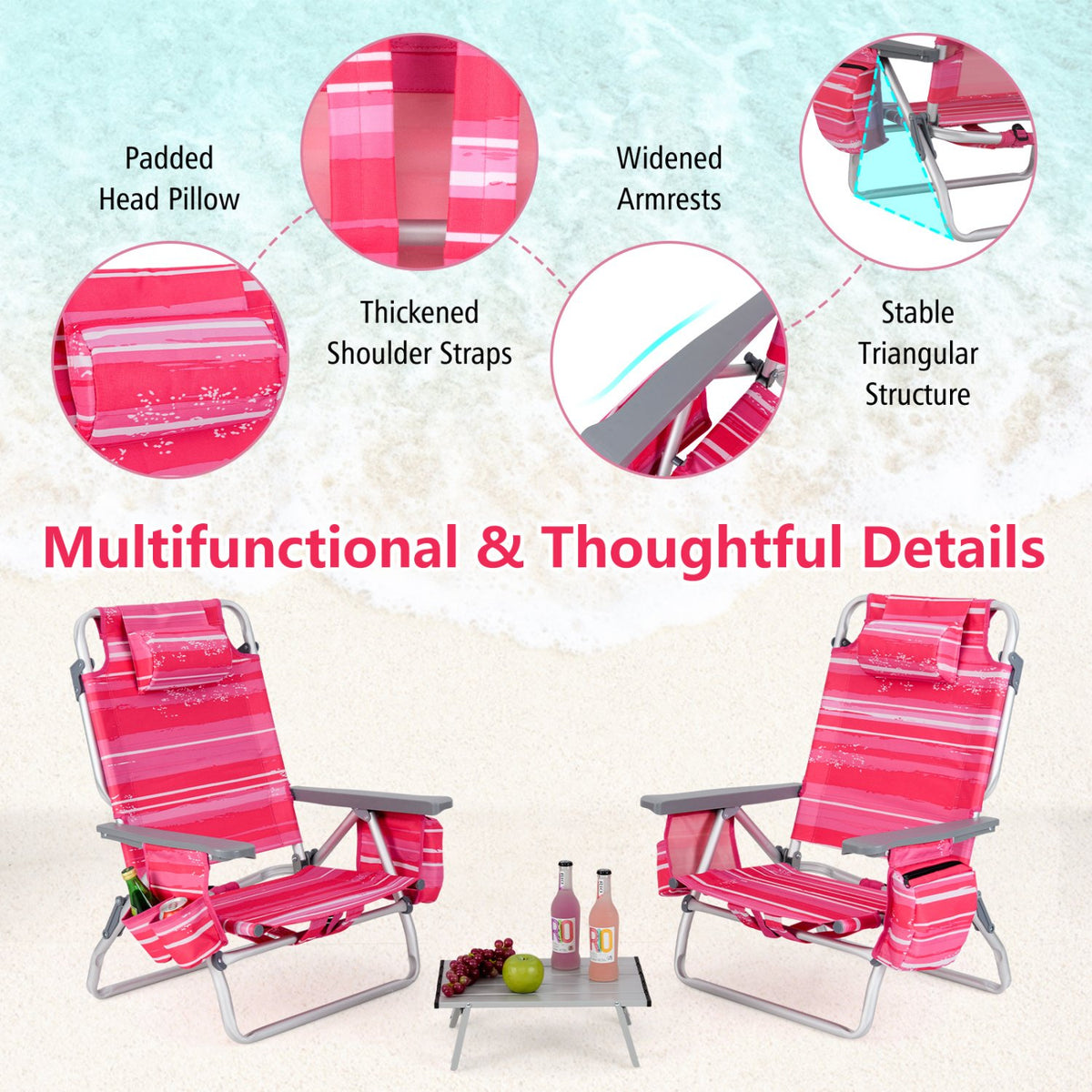 2 Packs 5-Position Outdoor Folding Backpack Beach Table Chair Reclining Chair Set-Hot Pink view 5