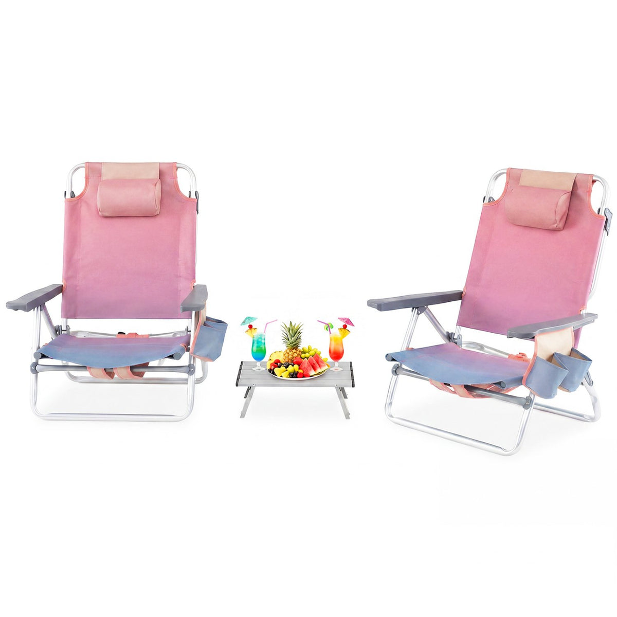 2 Packs 5-Position Outdoor Folding Backpack Beach Table Chair Reclining Chair Set-Pink