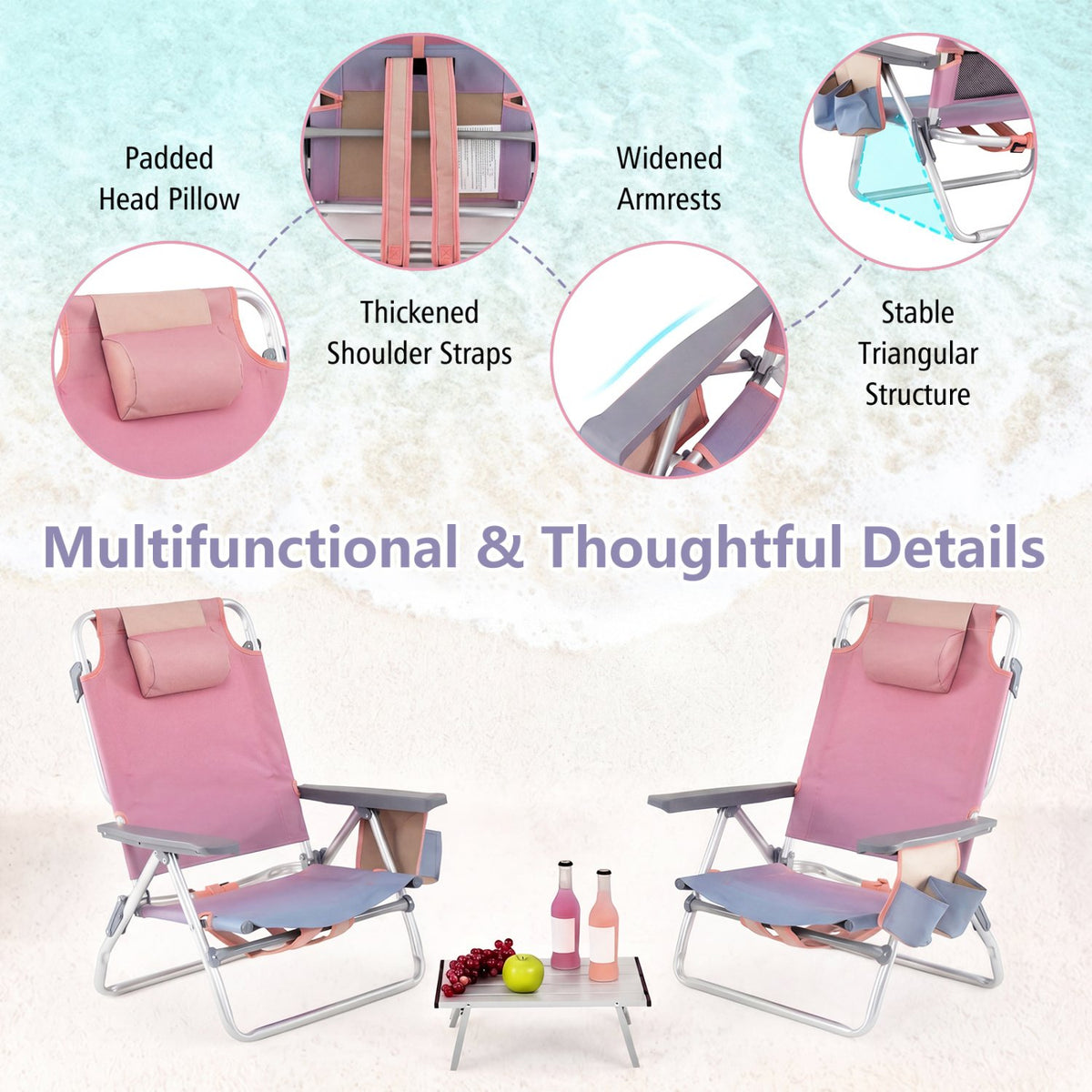 2 Packs 5-Position Outdoor Folding Backpack Beach Table Chair Reclining Chair Set-Pink view 6