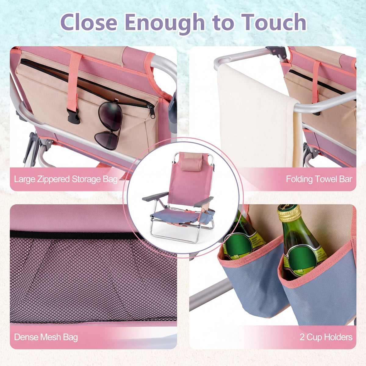 2 Packs 5-Position Outdoor Folding Backpack Beach Table Chair Reclining Chair Set-Pink view 8