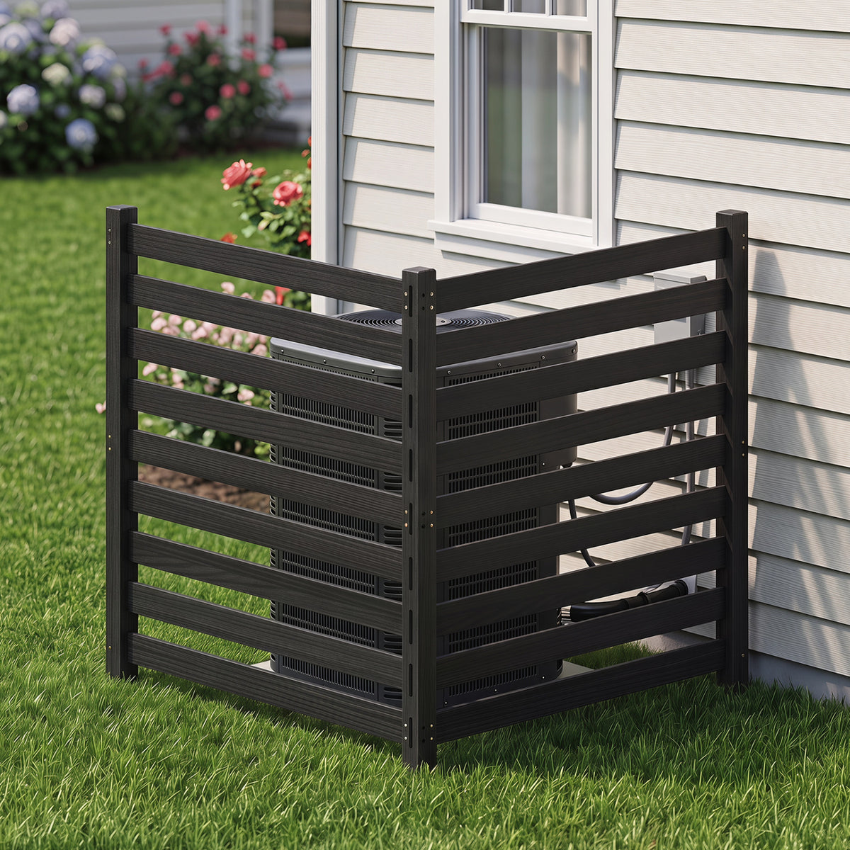 2-Panel Wooden Outdoor Privacy Fence with Ground Stakes-Black view 2