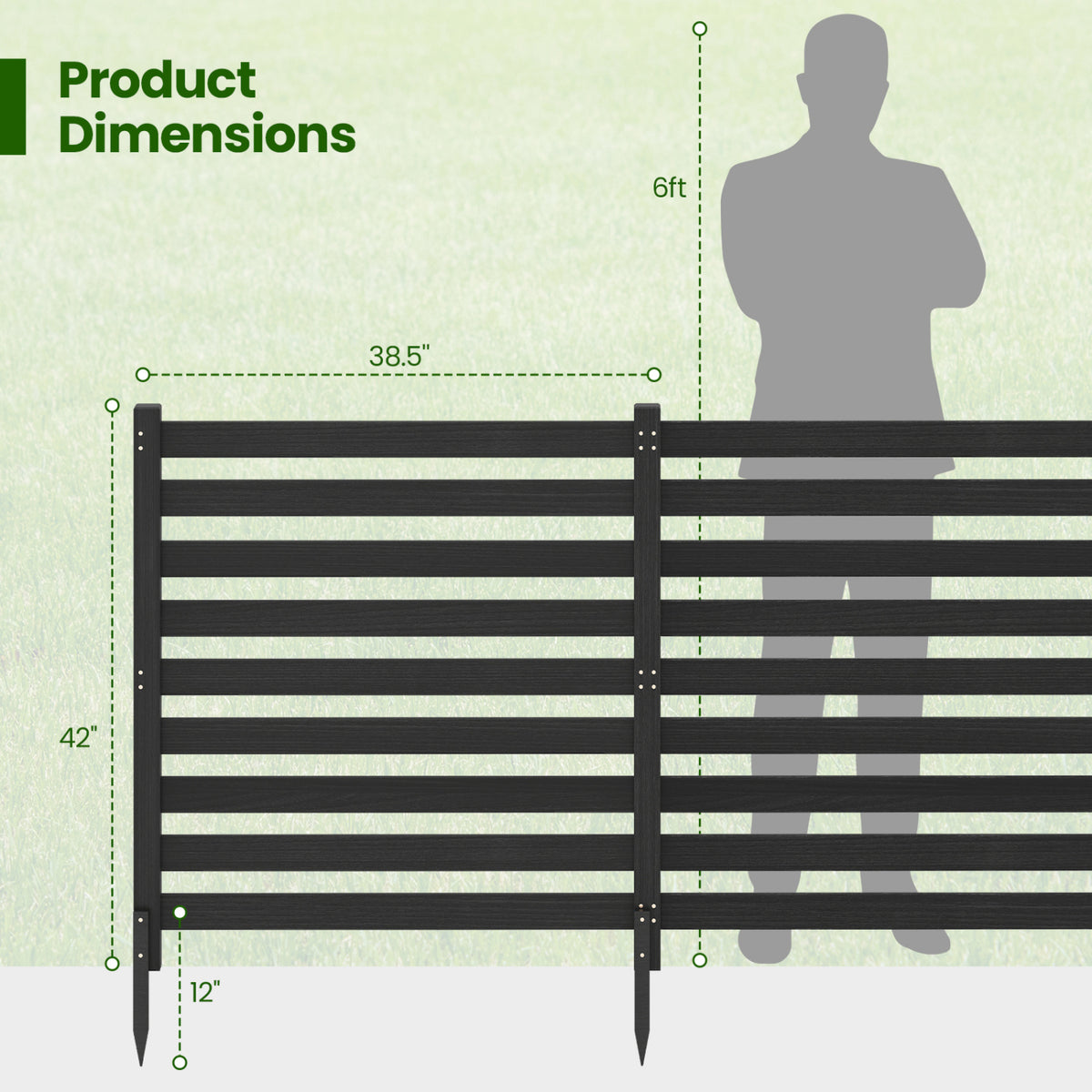 2-Panel Wooden Outdoor Privacy Fence with Ground Stakes-Black view 5