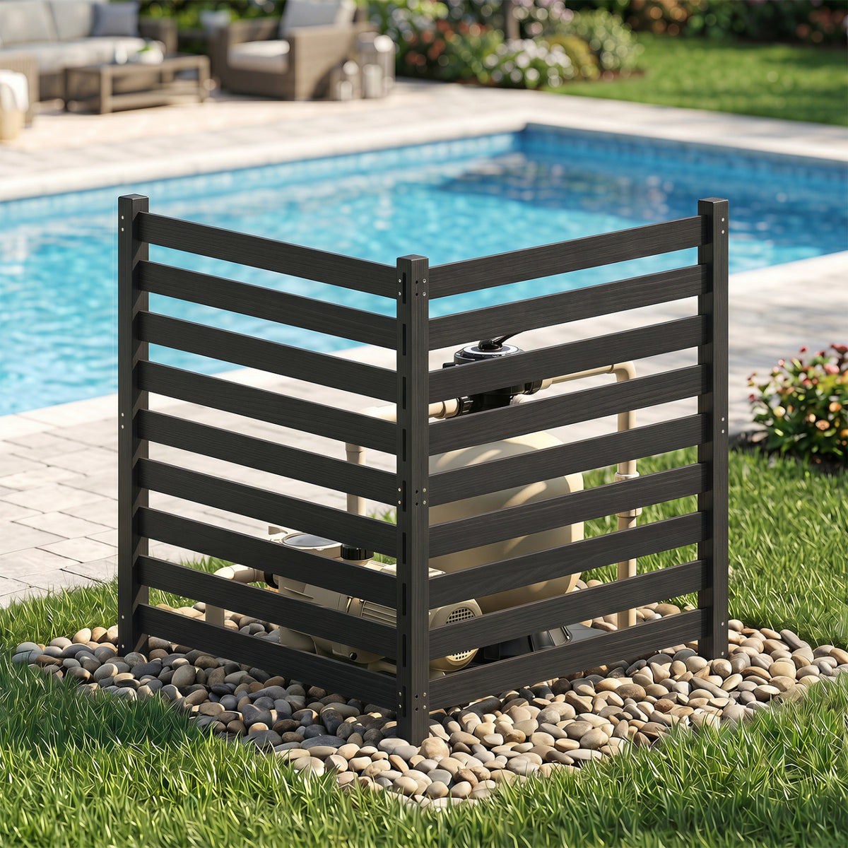 2-Panel Wooden Outdoor Privacy Fence with Ground Stakes-Black view 6