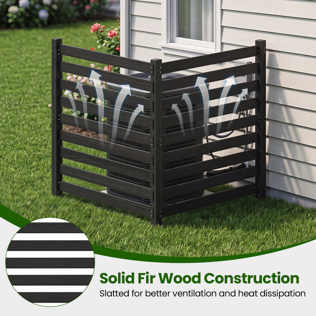 2-Panel Wooden Outdoor Privacy Fence with Ground Stakes-Black view 7