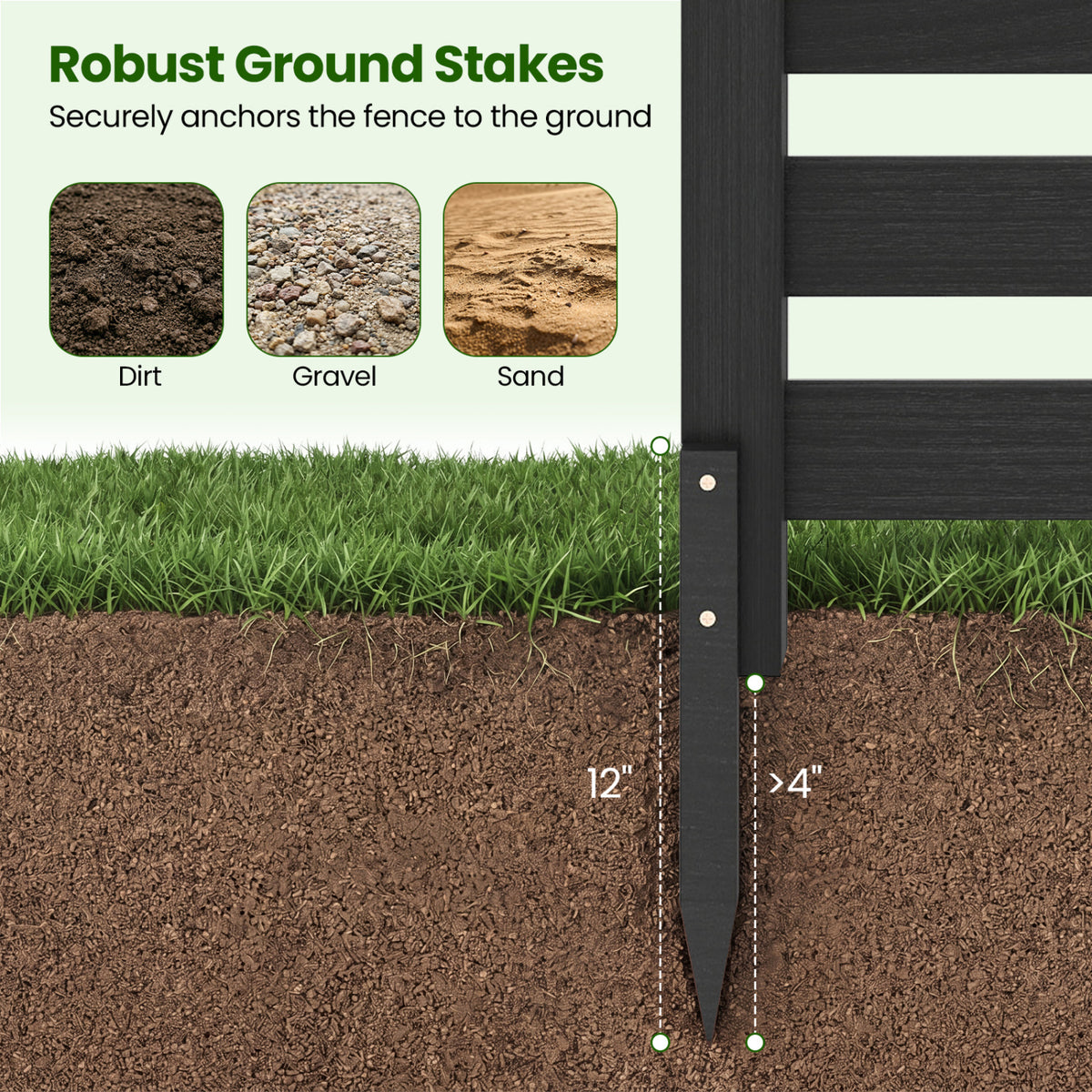 2-Panel Wooden Outdoor Privacy Fence with Ground Stakes-Black view 9