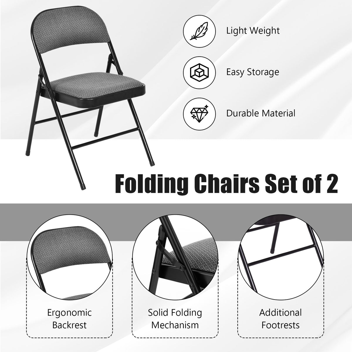 2 PCS Folding Chair Set with Upholstered Seat and Fabric Covered Backrest view 8