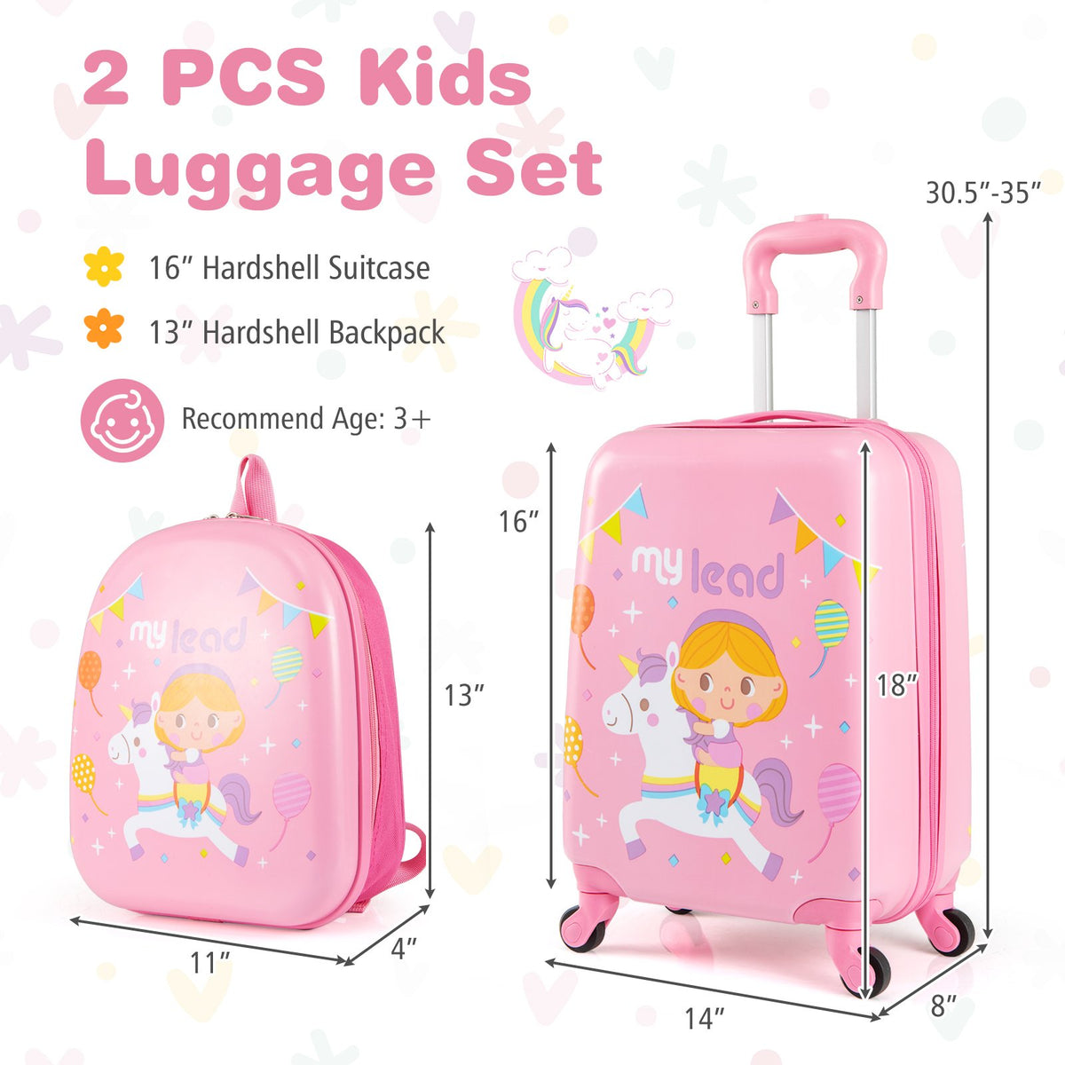 2 PCS Kid Luggage Set With Spinner Wheels for Children Boys Girls-Pink view 4