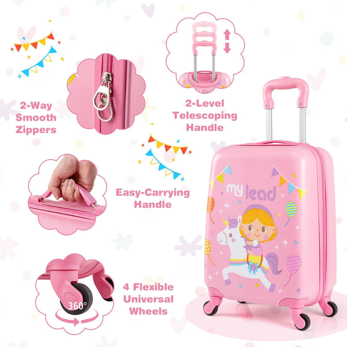 2 PCS Kid Luggage Set With Spinner Wheels for Children Boys Girls-Pink view 7