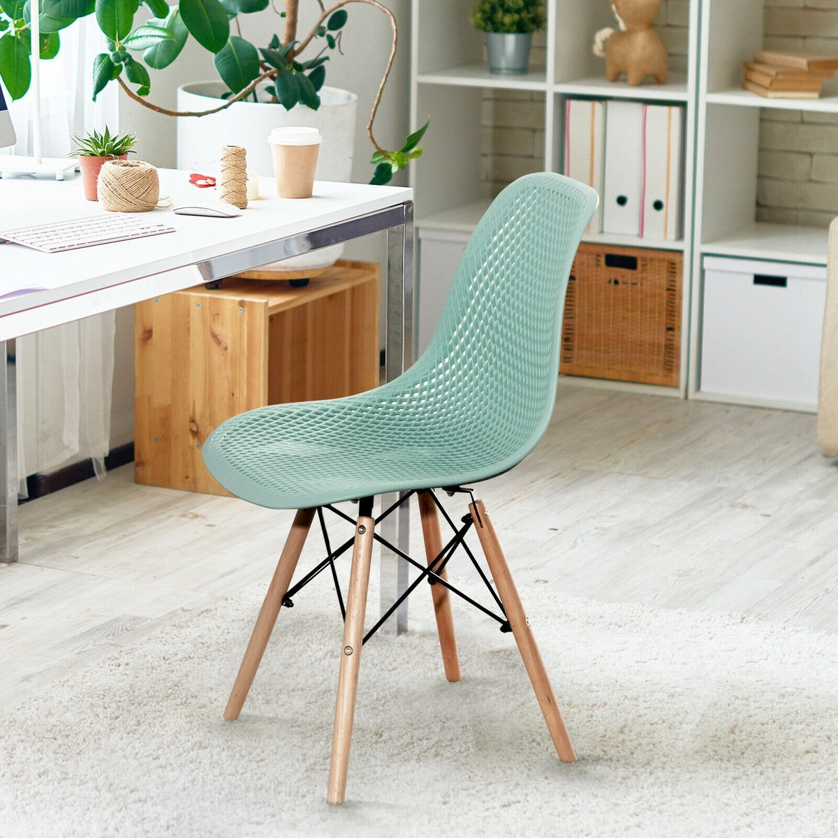 2 Pcs Modern Plastic Hollow Chair Set with Wood Leg-Green view 3