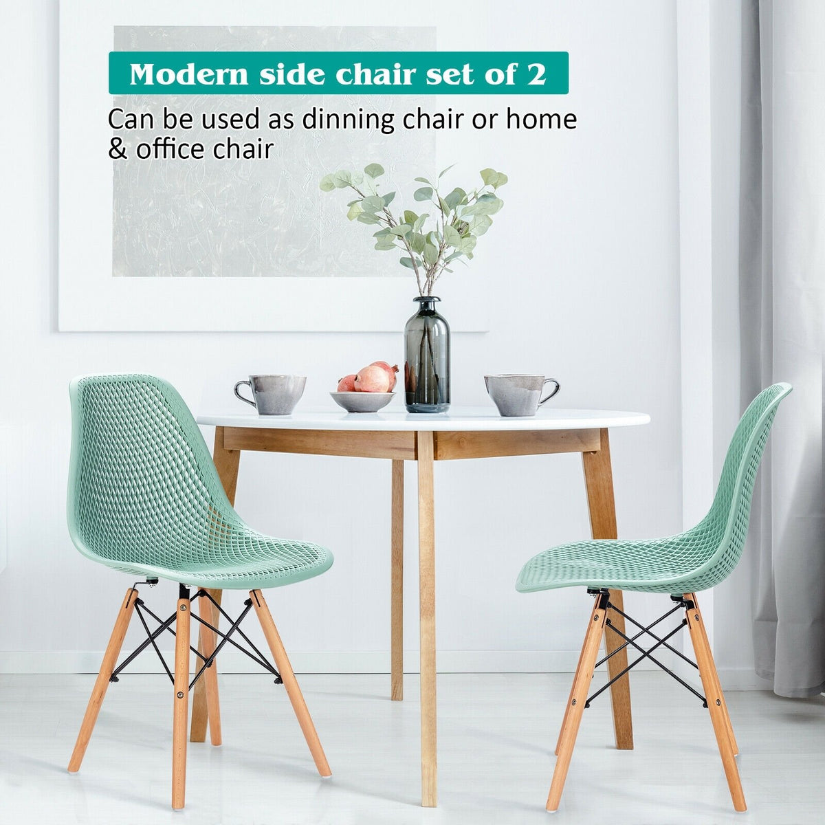 2 Pcs Modern Plastic Hollow Chair Set with Wood Leg-Green view 6