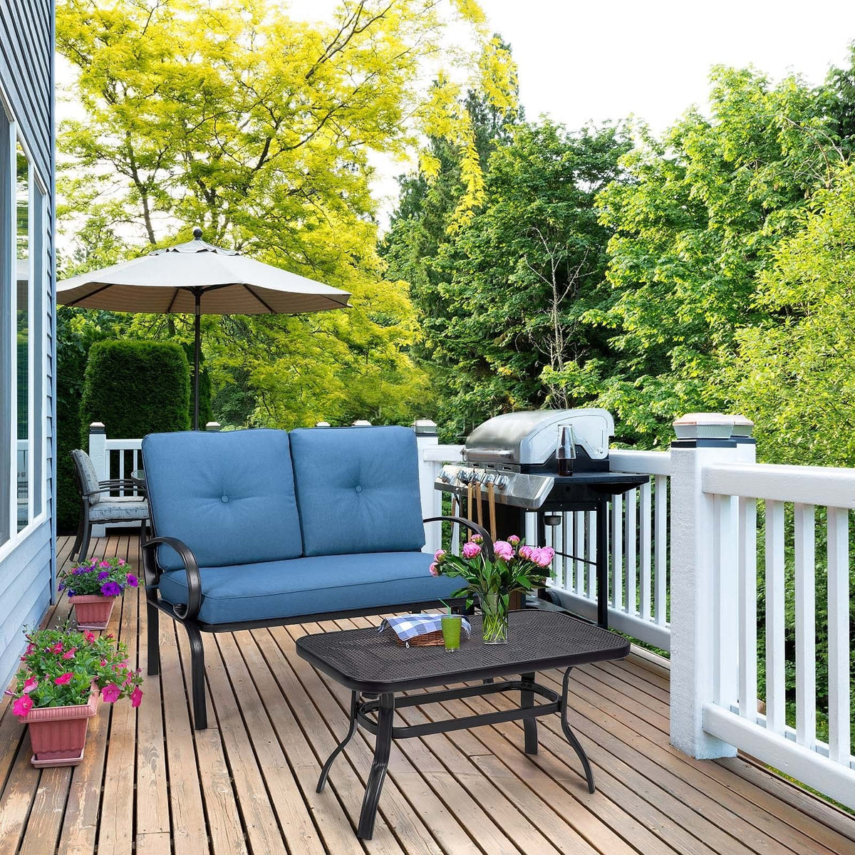 2 Pieces Patio Outdoor Cushioned Coffee Table Seat-Blue view 2