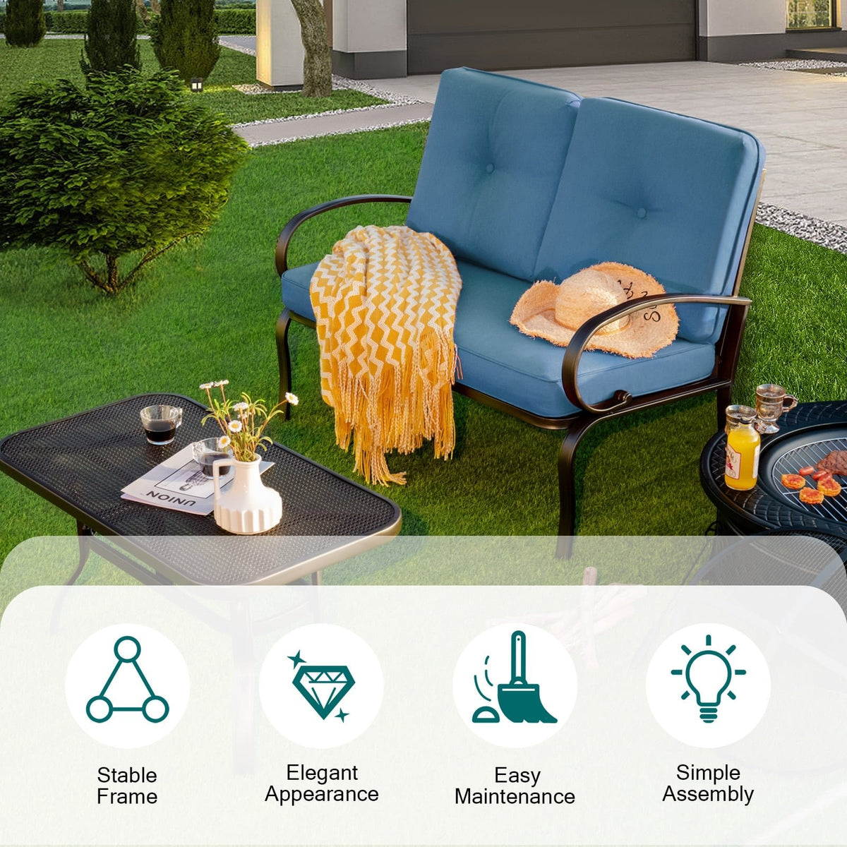 2 Pieces Patio Outdoor Cushioned Coffee Table Seat-Blue view 3