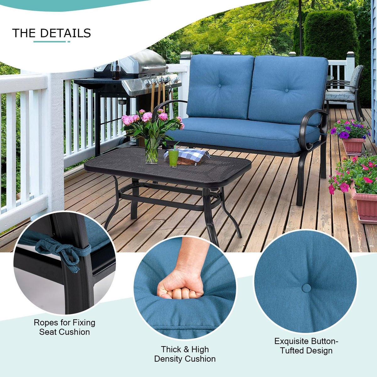 2 Pieces Patio Outdoor Cushioned Coffee Table Seat-Blue view 5