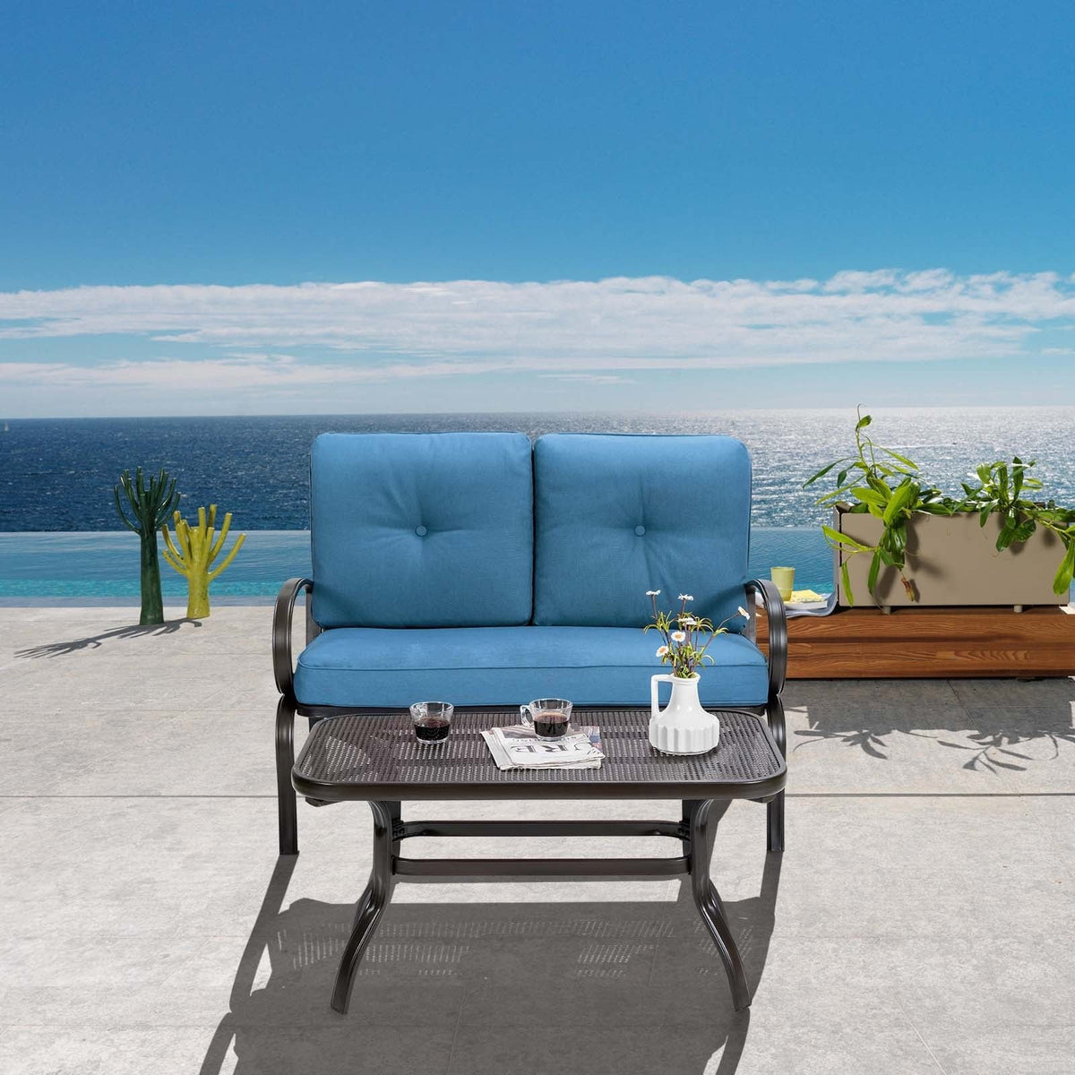 2 Pieces Patio Outdoor Cushioned Coffee Table Seat-Blue view 6