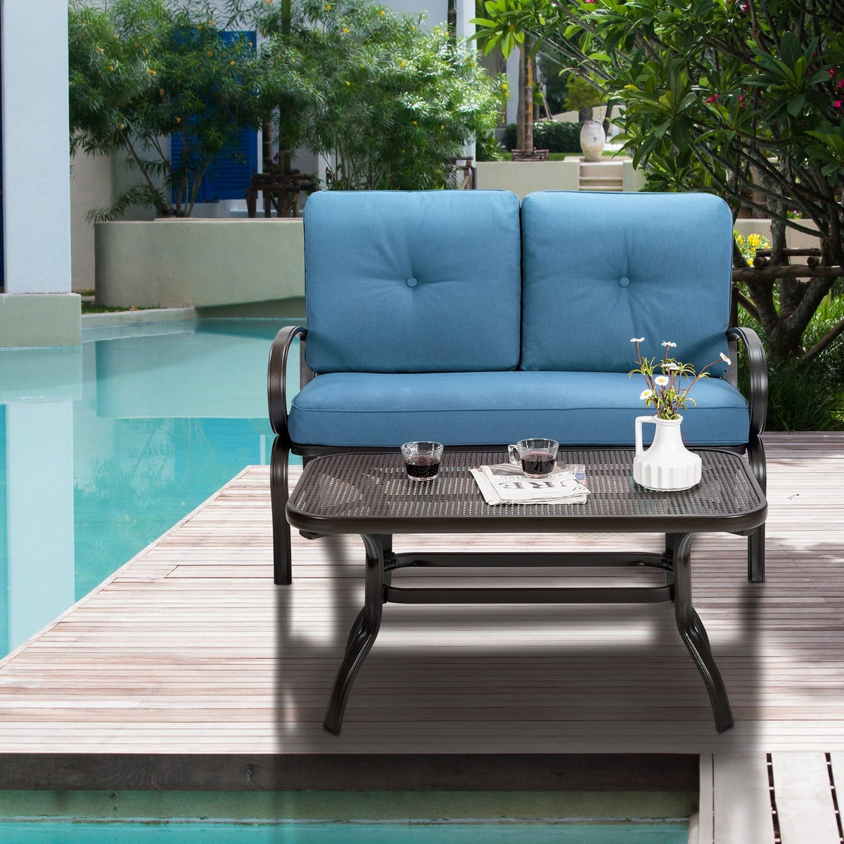 2 Pieces Patio Outdoor Cushioned Coffee Table Seat-Blue view 7