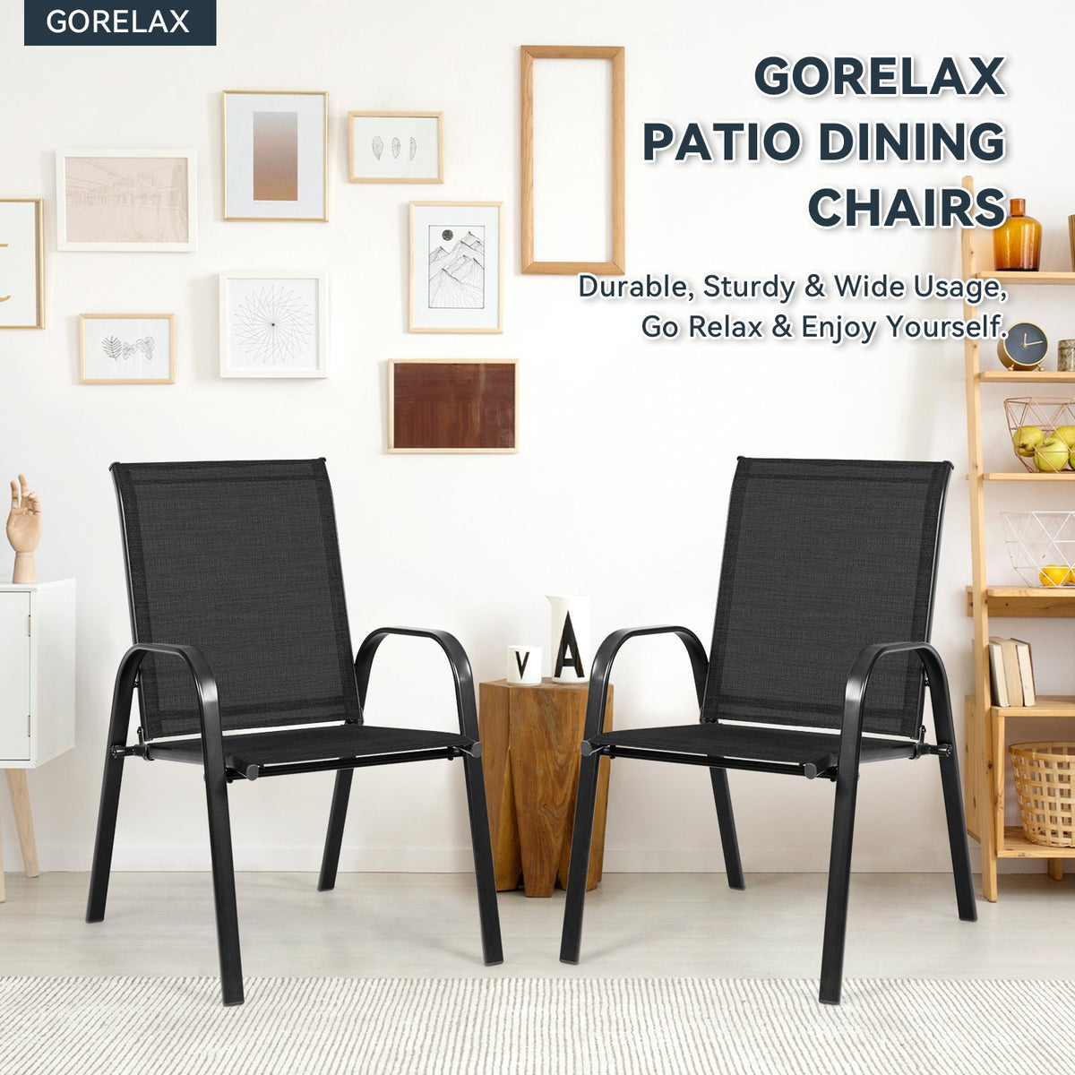 2 Pcs Patio Outdoor Dining Chair with Armrest-Black view 6