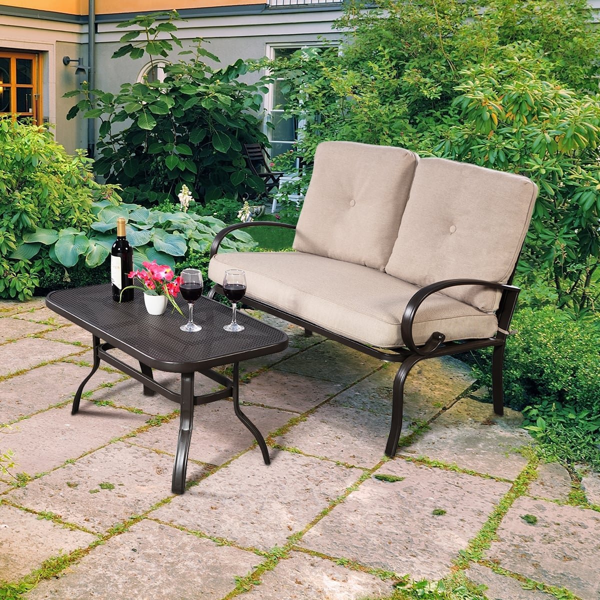 2 Pieces Patio Outdoor Cushioned Coffee Table Seat-Beige view 2