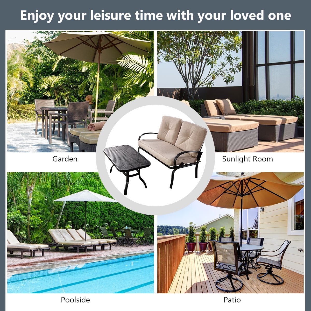 2 Pieces Patio Outdoor Cushioned Coffee Table Seat-Beige view 3