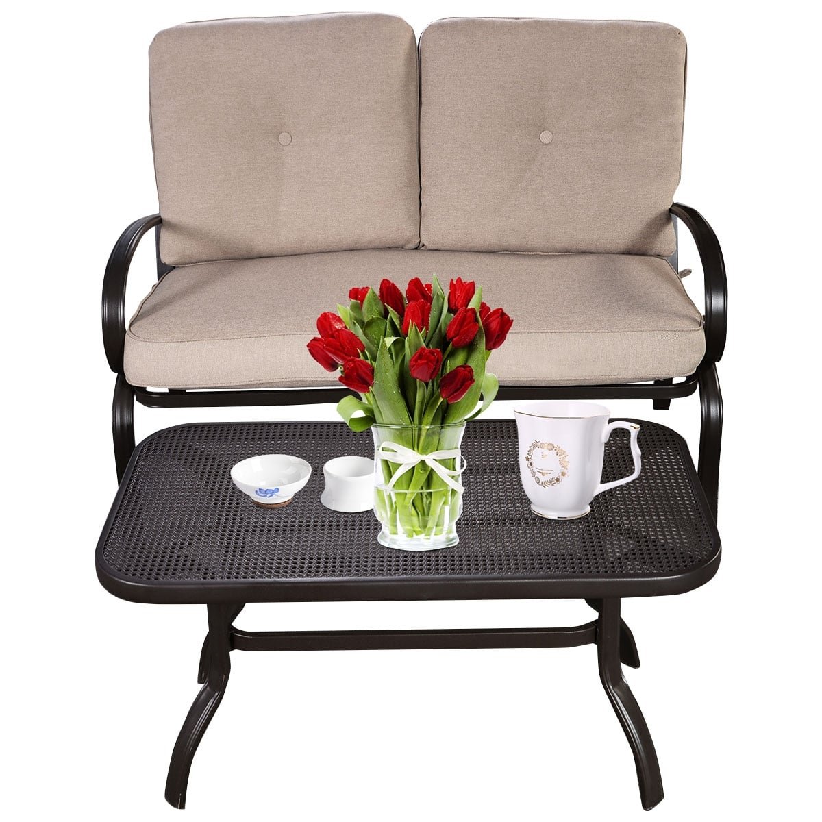 2 Pieces Patio Outdoor Cushioned Coffee Table Seat-Beige view 8