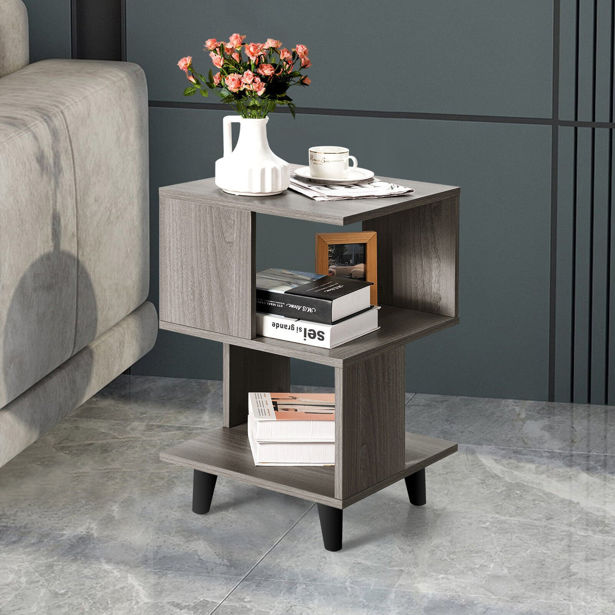 2 Pieces Wooden Modern Nightstand Set with Legs for Living Room view 8