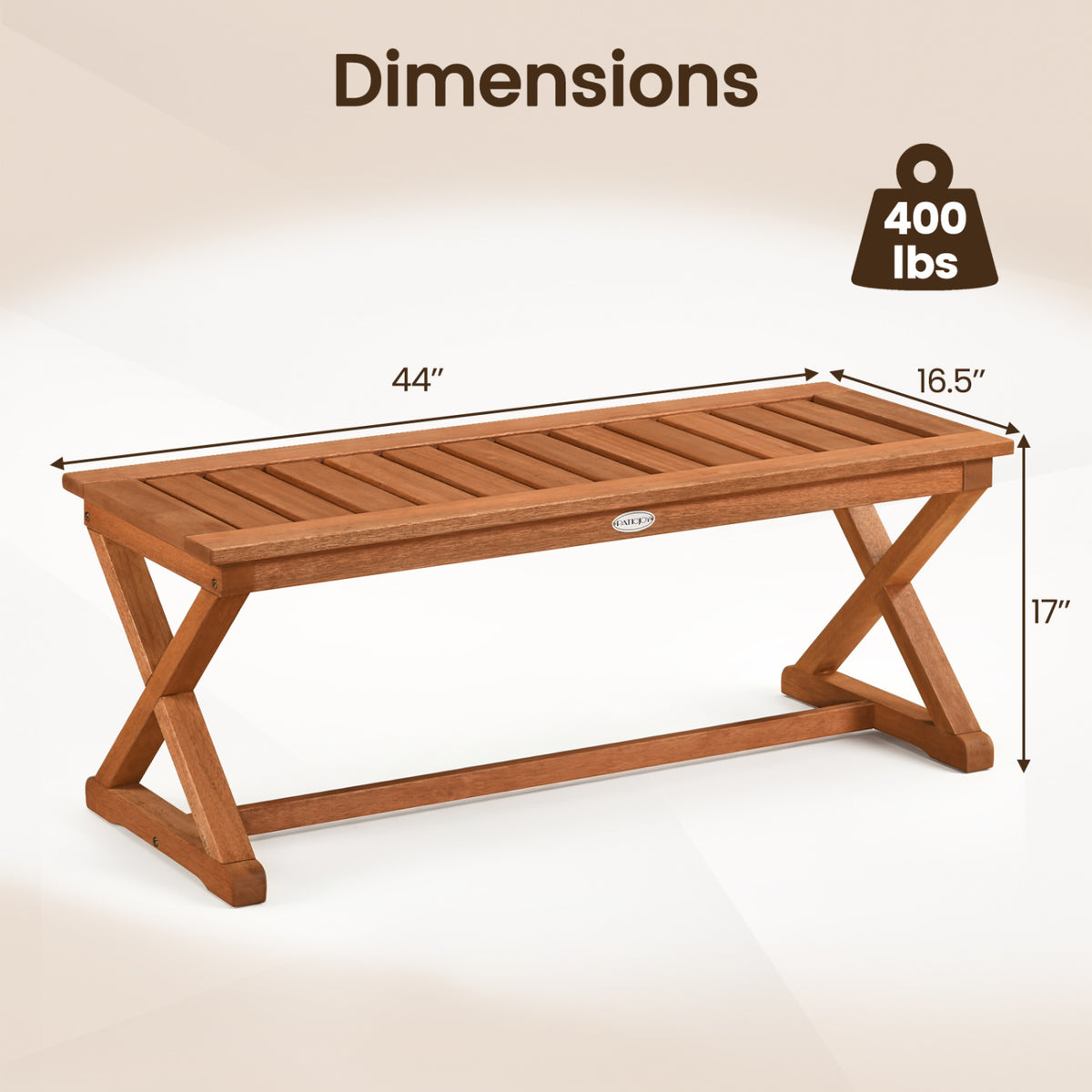 2-Person 44 inches Solid Wood Outdoor Bench with Slatted Seat for Patio Park Balcony-1 Piece view 4