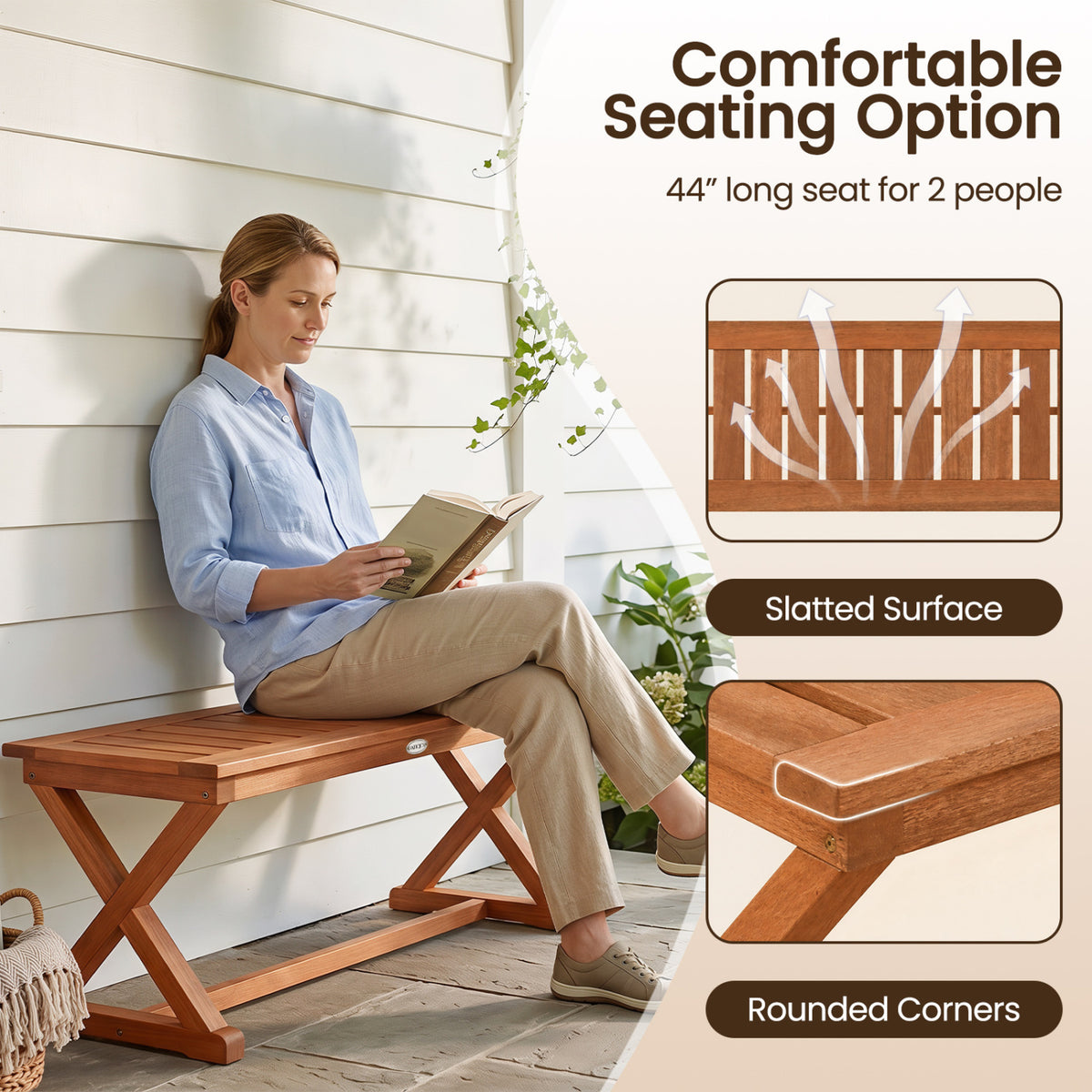 2-Person 44 inches Solid Wood Outdoor Bench with Slatted Seat for Patio Park Balcony-1 Piece view 7