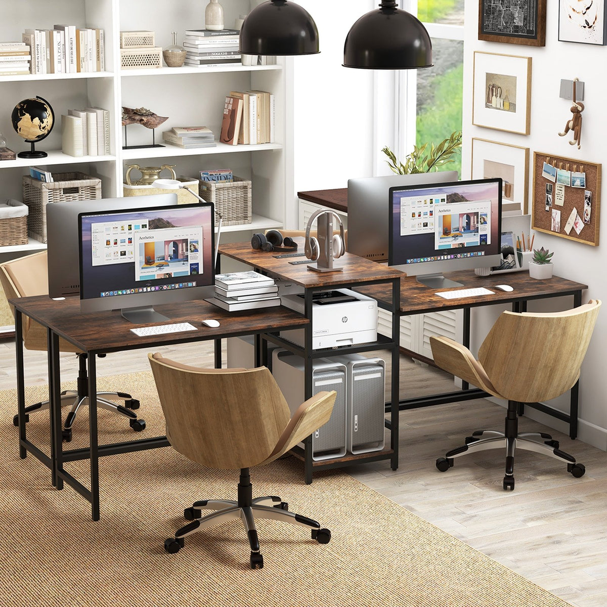 2-Person Computer Desk with Power Outlet and Printer Stand-Rustic Brown view 2