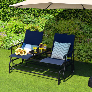 2-Person Double Rocking Loveseat with Mesh Fabric and Center Tempered Glass Table-Navy view 3