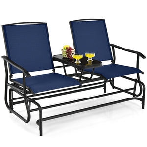 2-Person Double Rocking Loveseat with Mesh Fabric and Center Tempered Glass Table-Navy view 4