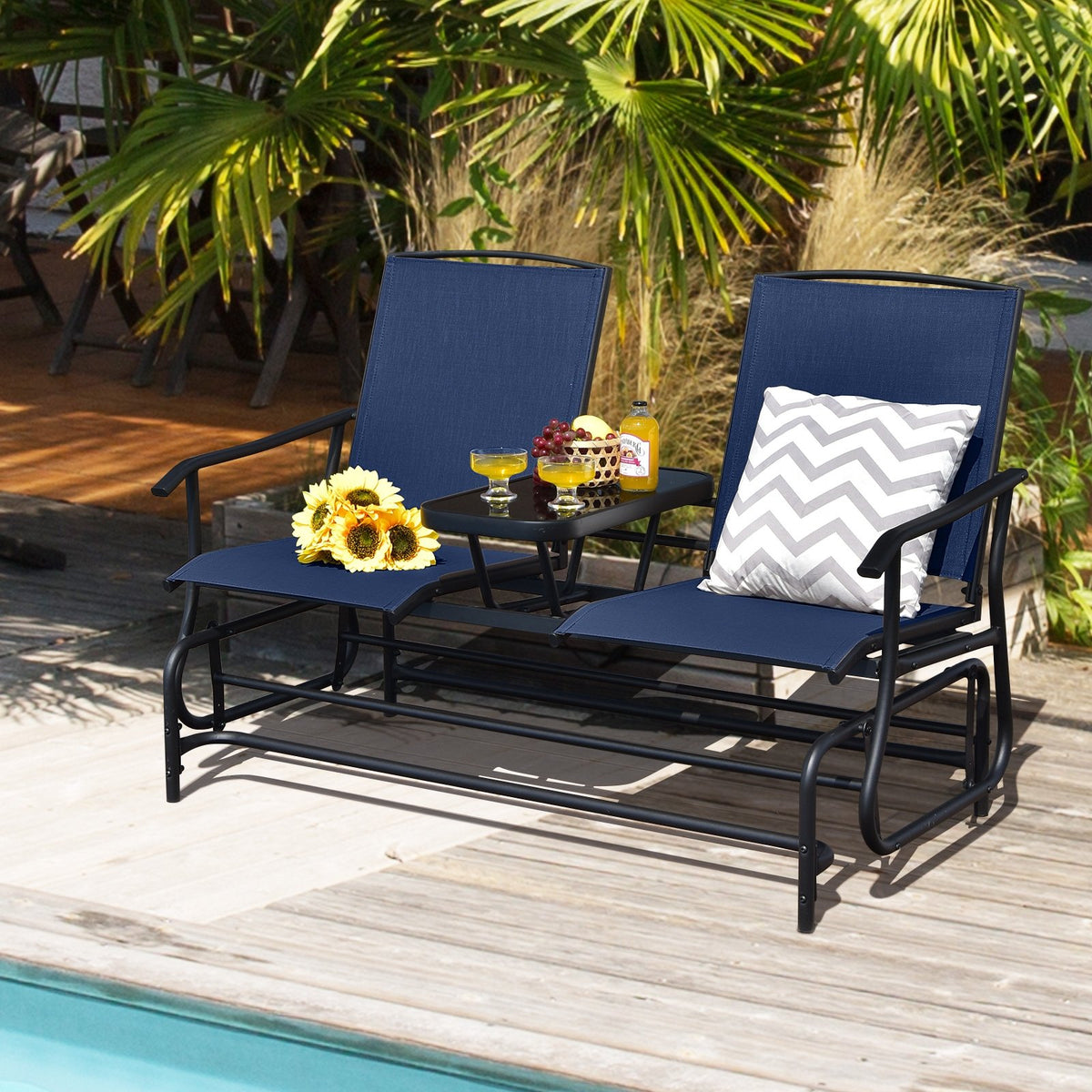 2-Person Double Rocking Loveseat with Mesh Fabric and Center Tempered Glass Table-Navy view 7