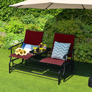 2-Person Double Rocking Loveseat with Mesh Fabric and Center Tempered Glass Table-Red view 3
