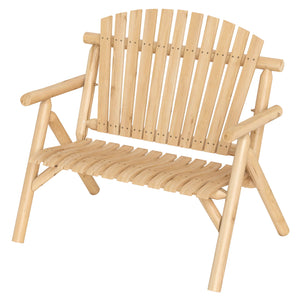 2-Person Log Wood Patio Bench with Slatted Backrest for Deck Backyard-Natural