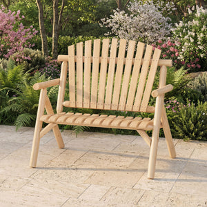 2-Person Log Wood Patio Bench with Slatted Backrest for Deck Backyard-Natural view 2